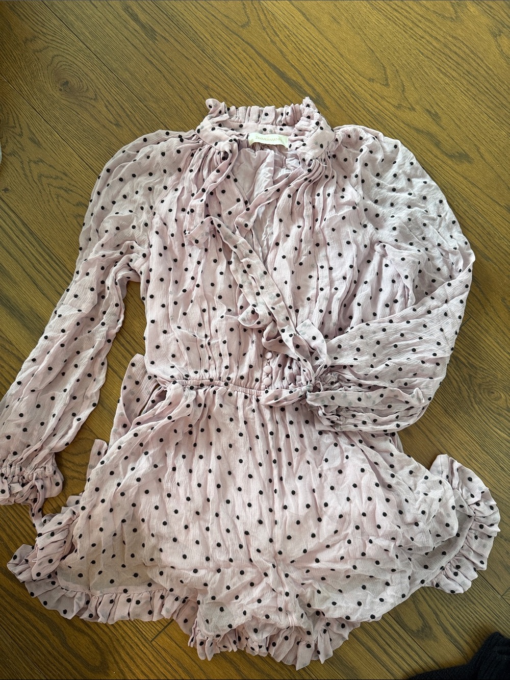 Zimmerman Girls' Pink Polka Dot Long-Sleeve one jumpsuit with Ruffle Trim